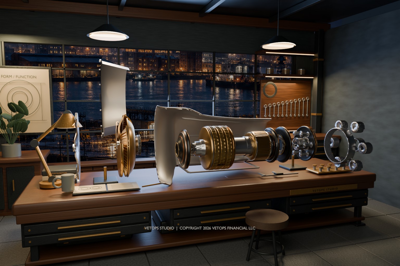 The watermarked After Hours room with an exploded transmission on its warmly lit workbench