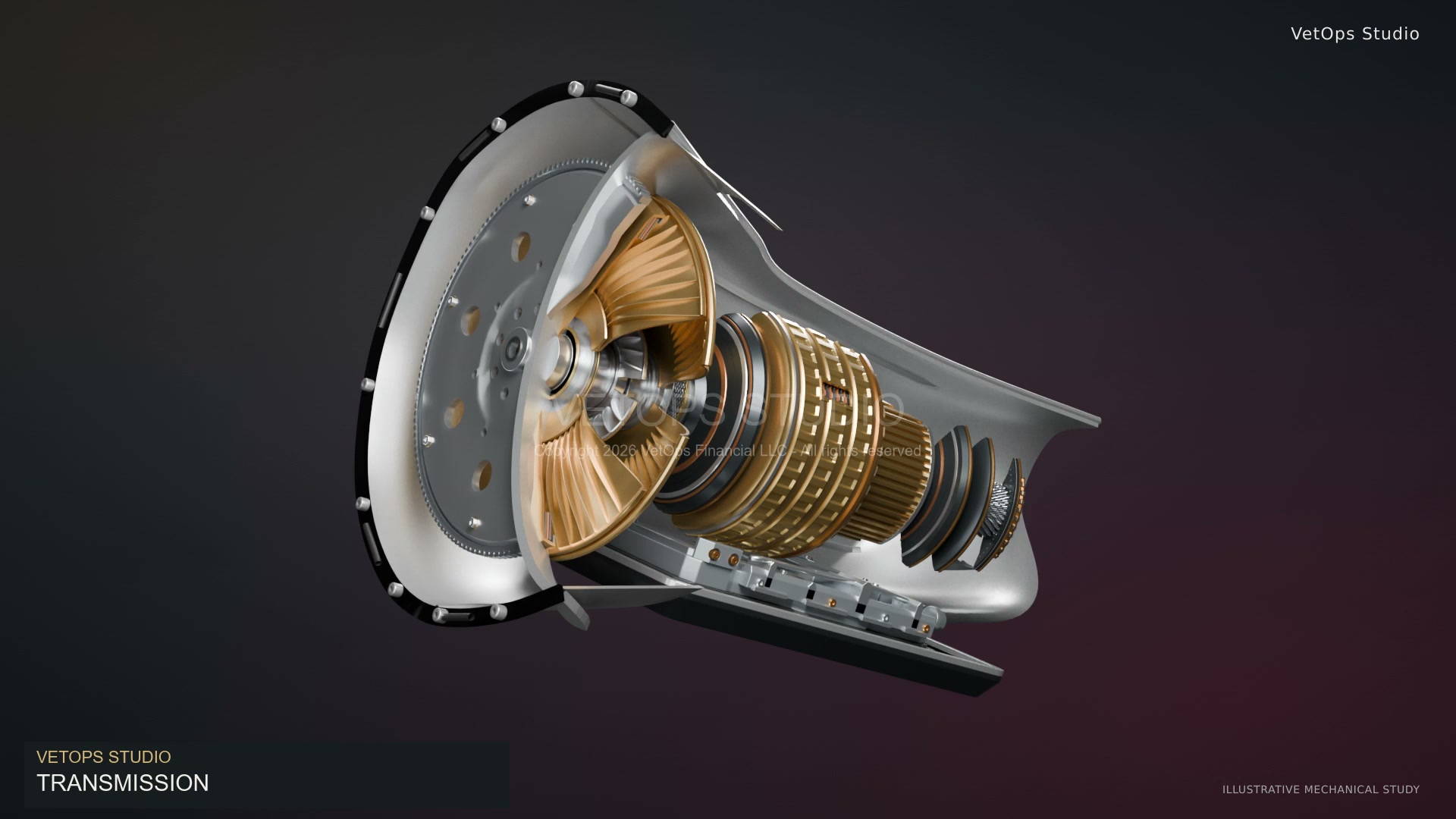 Watermarked cutaway transmission with silver housing and warm metallic internal components