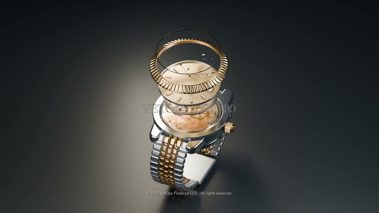 Layers of a gold and steel watch separated in a product animation